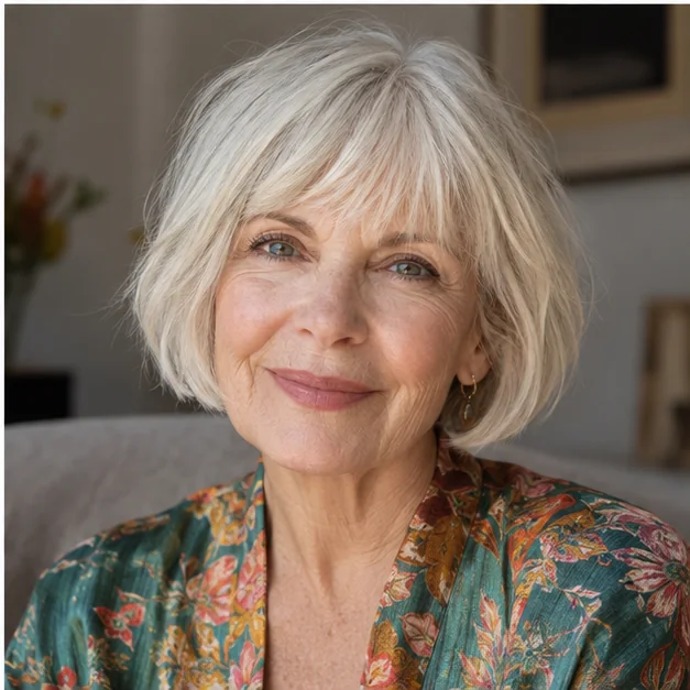 Woman over 50 with a wispy fringe and layered bob