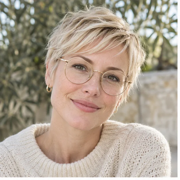 Woman in delicate gold glasses with a wispy blonde pixie