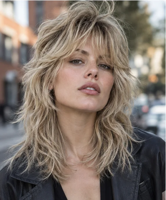 Woman with a wolf cut and bottleneck fringe
