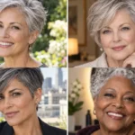 Four women with fresh pixie, bob, curly and long hairstyles for gray hair