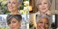 Four women with fresh pixie, bob, curly and long hairstyles for gray hair