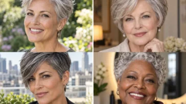 Four women with fresh pixie, bob, curly and long hairstyles for gray hair