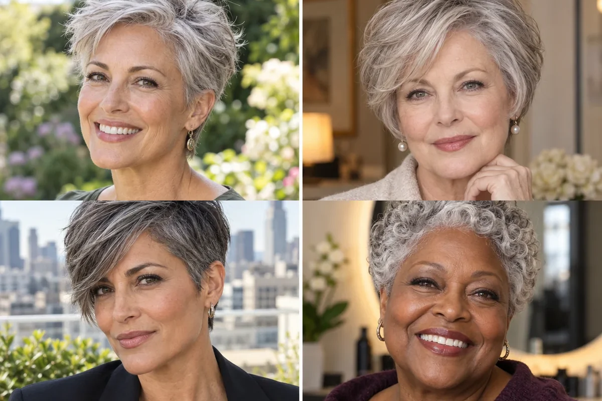 Four women with fresh pixie, bob, curly and long hairstyles for gray hair