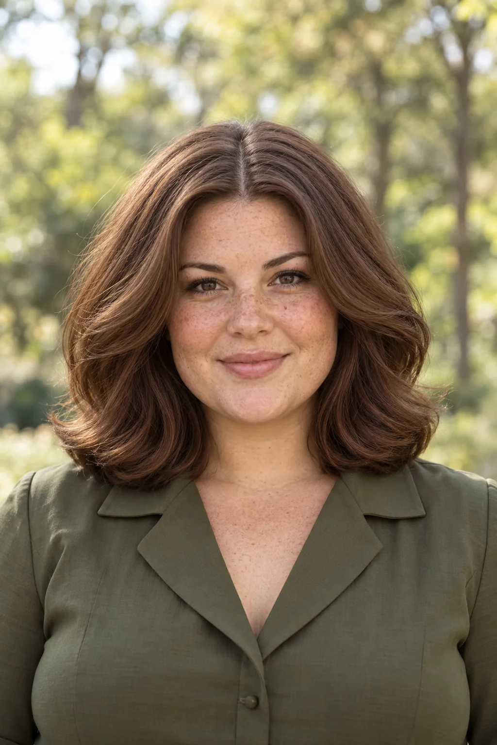 Chestnut shoulder-length blowout with a center part, lifted roots and a broad rounded outline