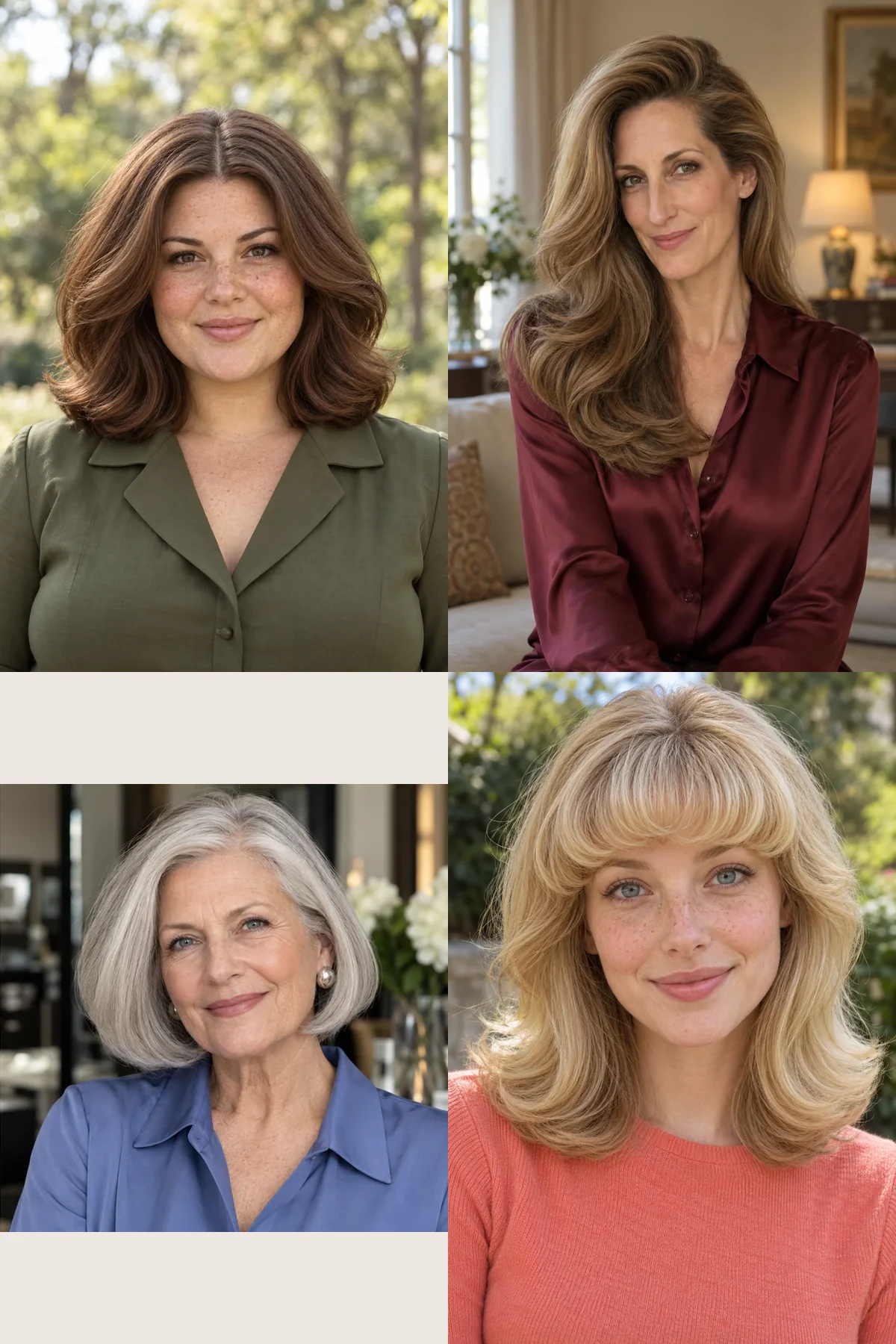Four 80s-inspired blowouts showing a centered shoulder shape, side sweep, rounded bob and rolled fringe