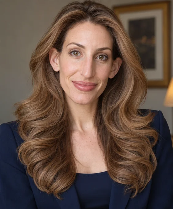Long honey brown layered blowout with successive broad outward bends below the cheeks and a lifted crown