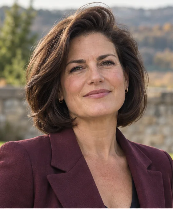 Dark brunette neck-length blowout with an off-center raised forelock and softly rounded lower sides