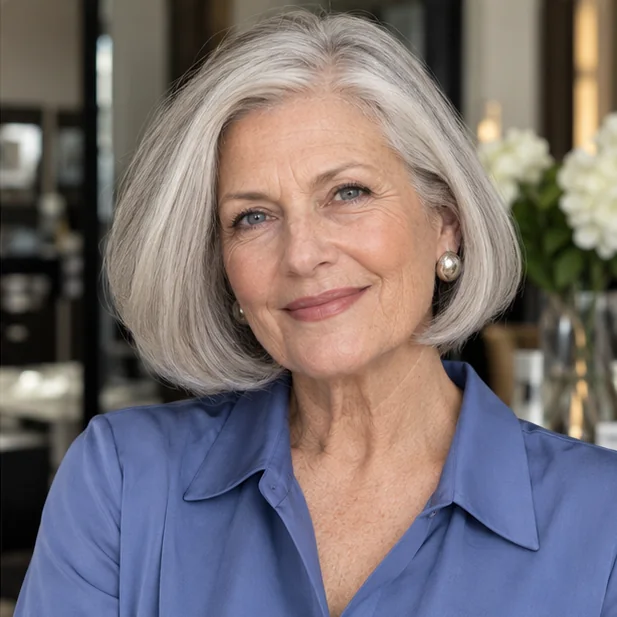 Silver jaw-length bob blown into a rounded shape with crown lift and inward-curved ends