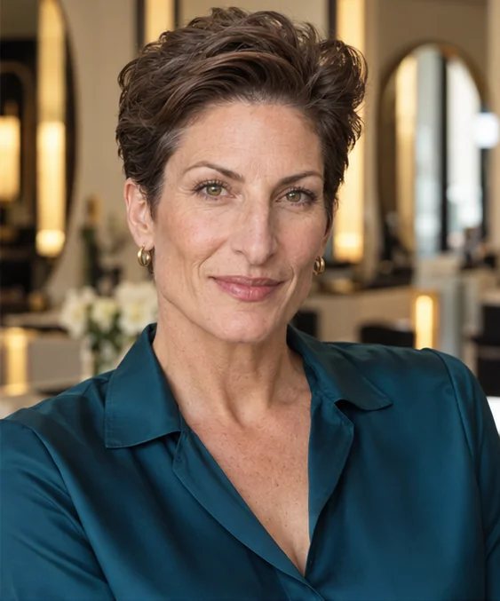 Short brunette haircut with a lifted swept-back top, softly curved sides and visible ears