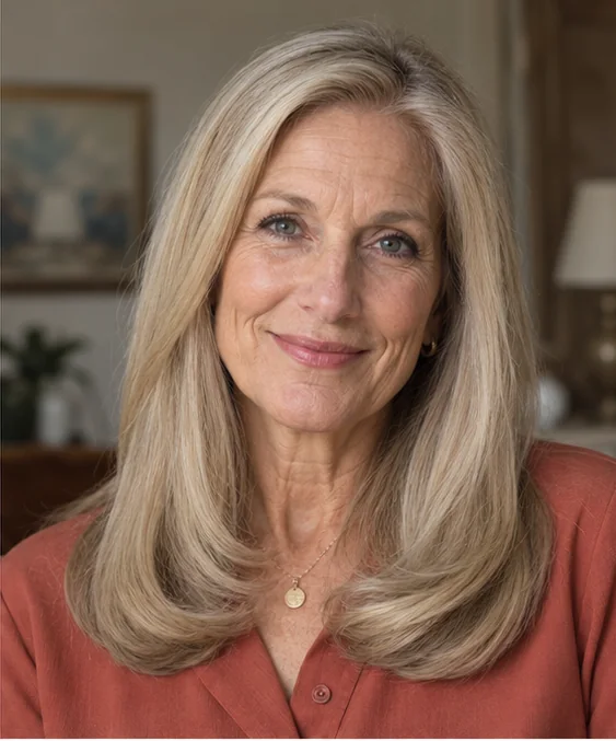 Long ash blonde blowout with a smooth low-volume crown and broad rolled-under ends beginning below the shoulders