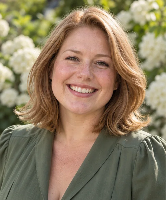 Strawberry blonde shoulder-skimming lob with broad side volume beside the cheeks and softly flipped lower tips
