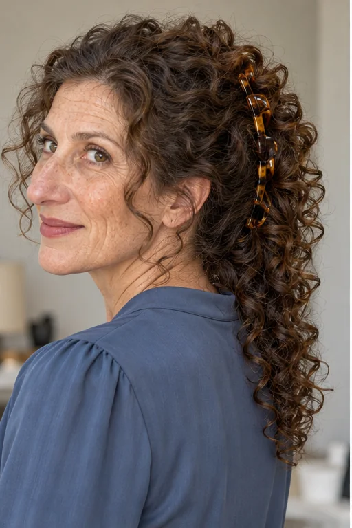 Dark brown curly hair held vertically by a tortoiseshell banana clip with a tall cascade of curls shown from the rear three-quarter angle