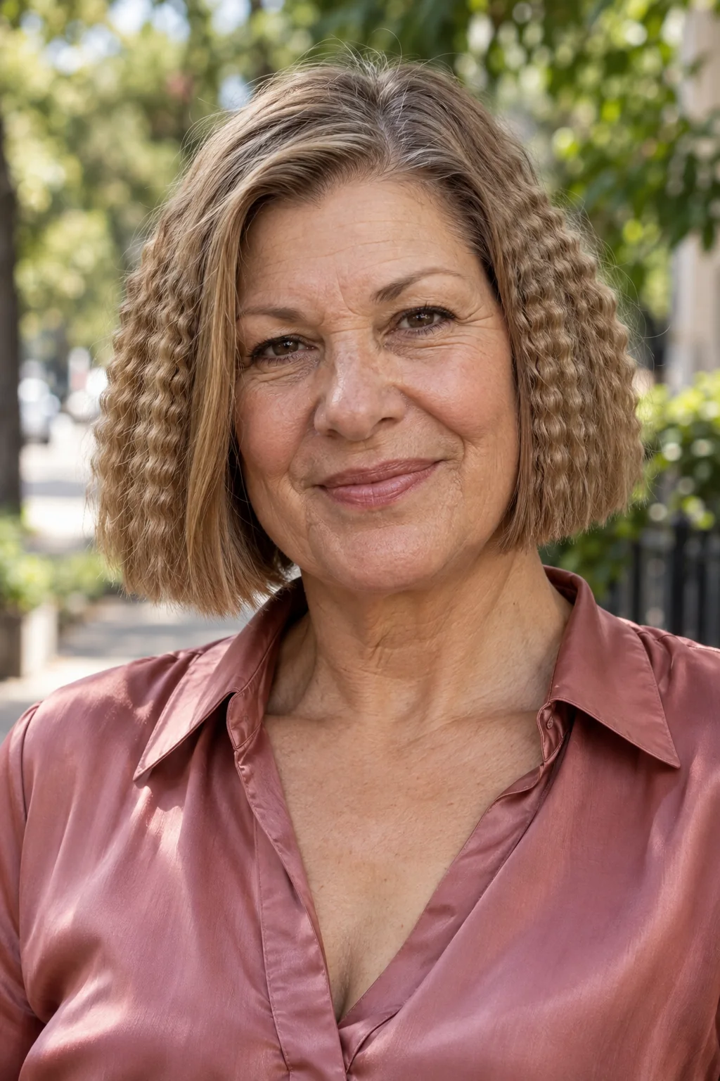 Dark blonde chin-length bob with fine crimping and a clearly blunt lower outline
