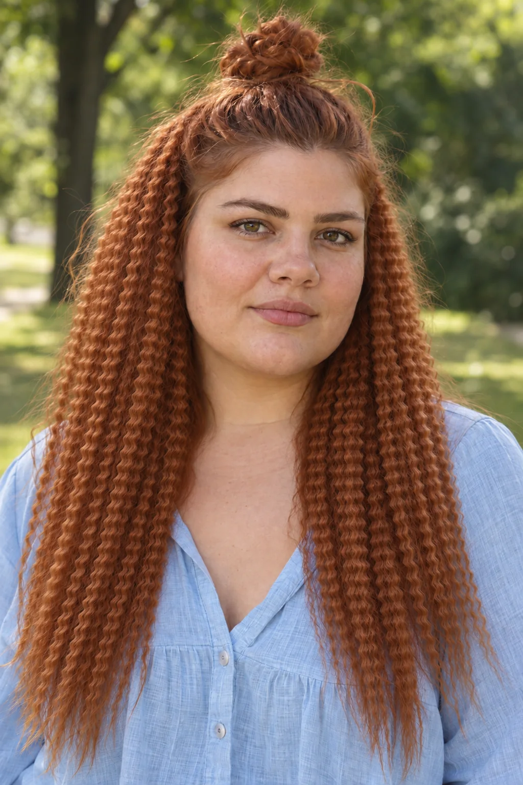 Auburn crimped long hair with the upper section gathered into a small high knot