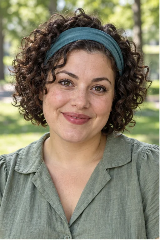 Dark brown jaw-length curly bob with a wide teal headband and rounded curls above and beside it