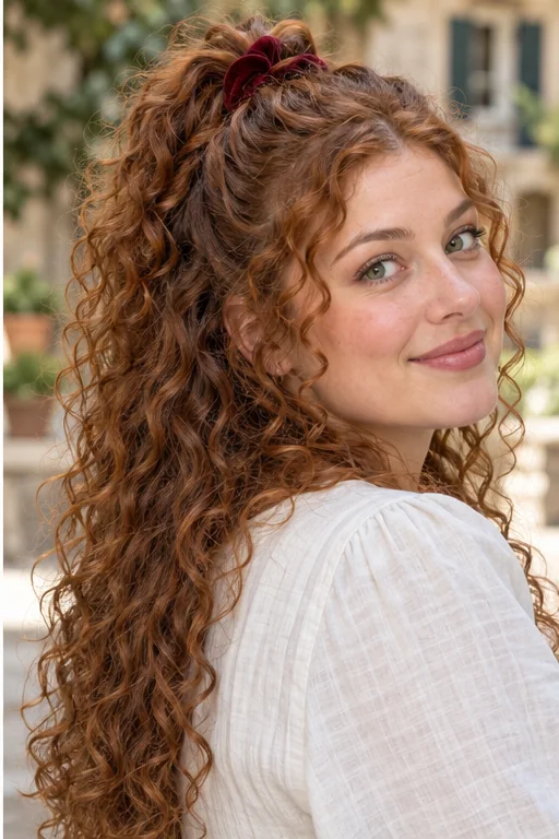 Copper long curls with a small high half-up ponytail fanning forward above a velvet tie