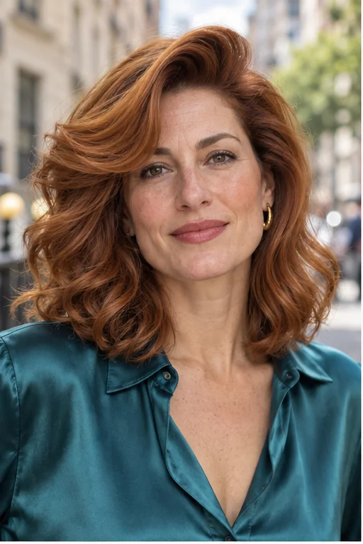Copper shoulder-length hair with a deep side part and a high curved front swoop