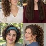 Four 80s-inspired hairstyles showing a side scrunchie ponytail, crimped lengths, a headband curly bob and a banana-clip curl cascade