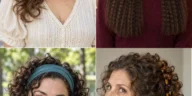 Four 80s-inspired hairstyles showing a side scrunchie ponytail, crimped lengths, a headband curly bob and a banana-clip curl cascade