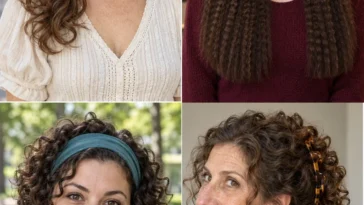 Four 80s-inspired hairstyles showing a side scrunchie ponytail, crimped lengths, a headband curly bob and a banana-clip curl cascade