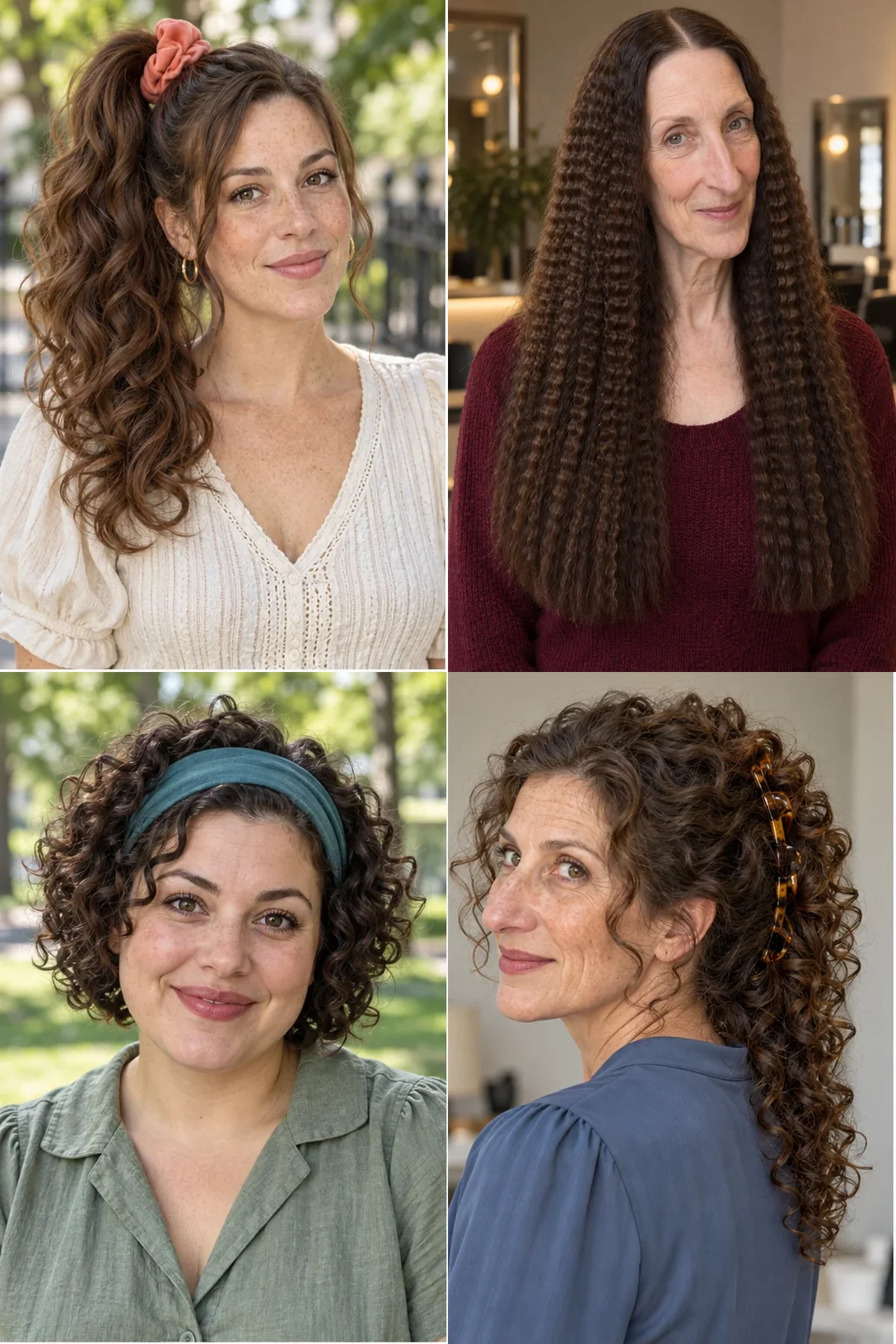 Four 80s-inspired hairstyles showing a side scrunchie ponytail, crimped lengths, a headband curly bob and a banana-clip curl cascade