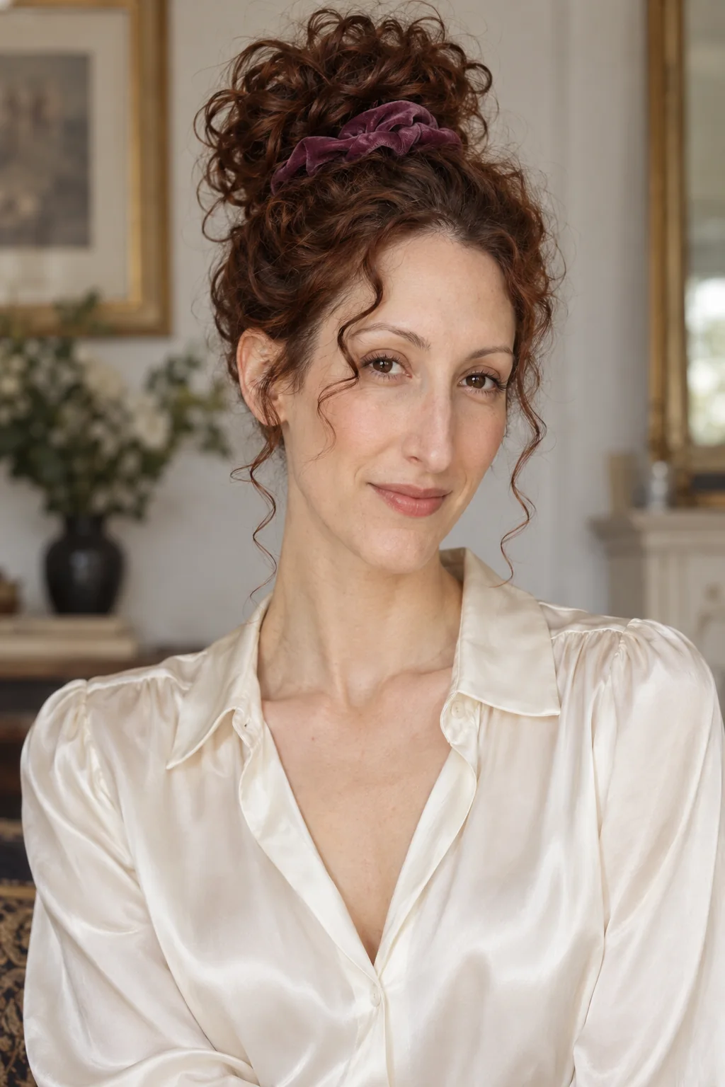 Dark auburn curls in a high loose bun surrounded by a plum scrunchie with two soft temple curls