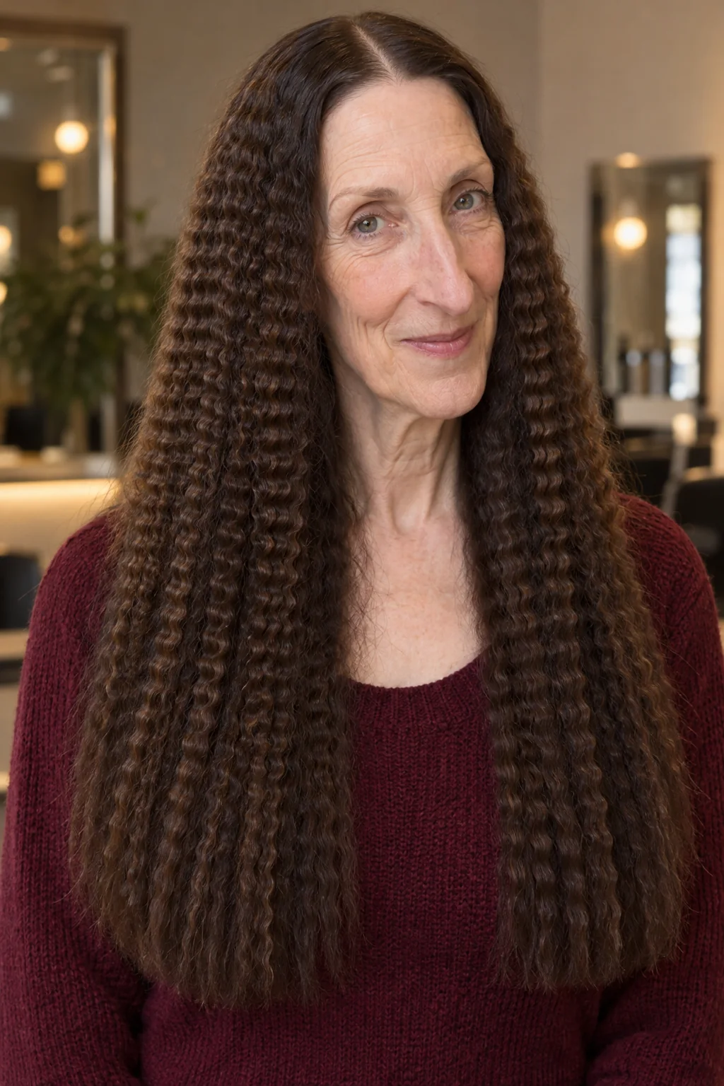 Long dark brown hair with a center part and fine zigzag crimping through the lengths
