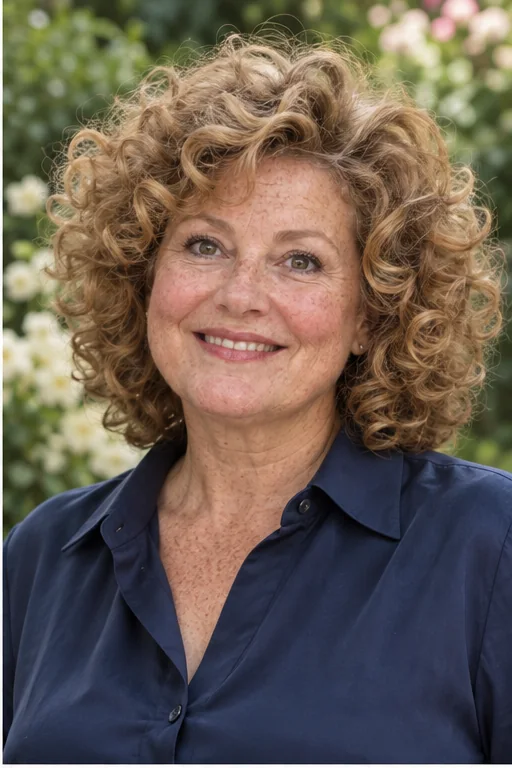 Dark blonde shoulder-length tight curls forming a full rounded halo with lifted roots