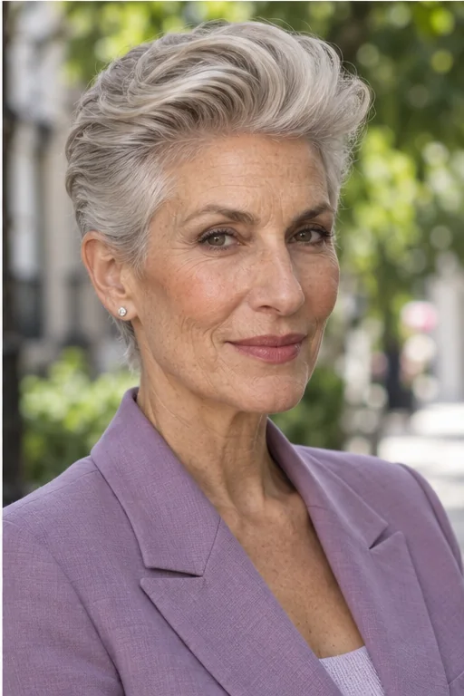 Silver short tapered hair with a high brushed-back front quiff and neat sides