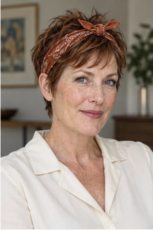 Chestnut short textured hair with a rust bandana tied at the top and a loose front fringe