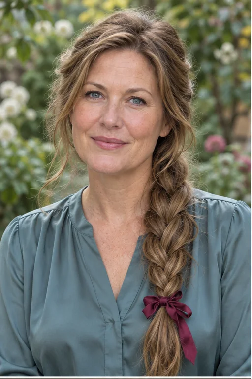 Long dark blonde hair in a loose side braid with a burgundy ribbon and softly lifted crown
