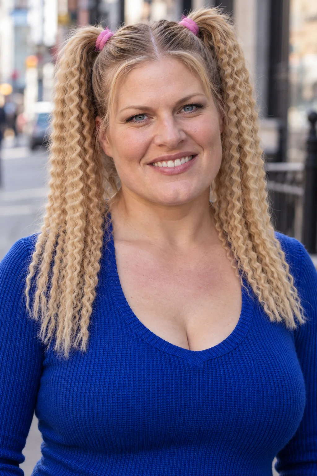 Medium blonde hair in two high ponytails with crimped tails and small pink fabric ties