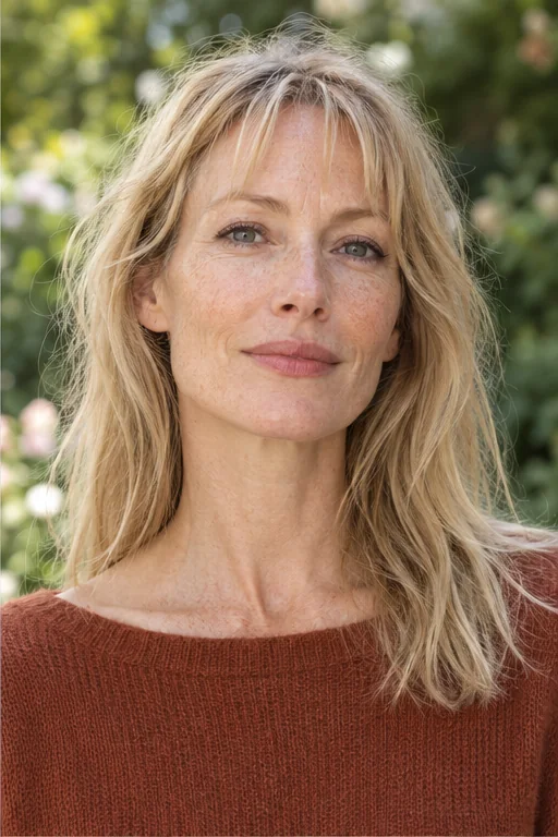 Light blonde collarbone hair with a shallow fringe separated into sparse irregular bent tufts