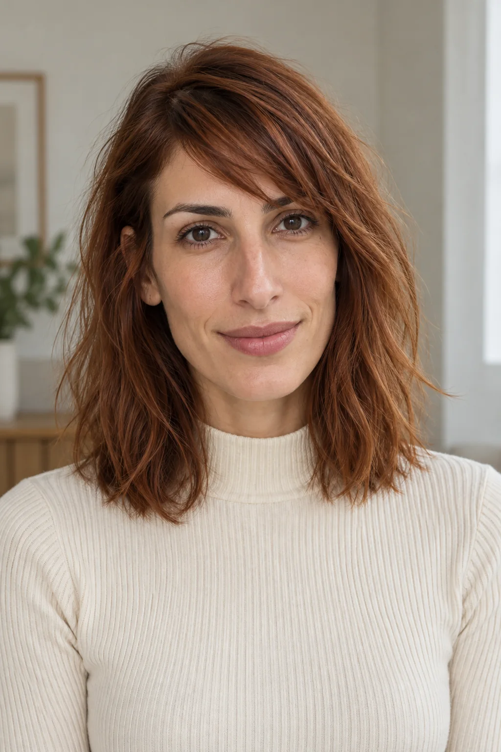 Auburn shoulder-length hair with an angled fringe sweeping diagonally in separated textured sections