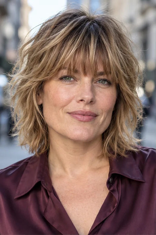 Dark blonde medium shag with a dense textured fringe and deliberately uneven brow-level tips