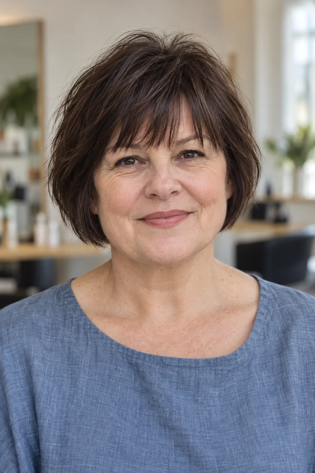 Deep brunette short bob with a softly lifted fringe root and roughened forward-facing brow-length ends