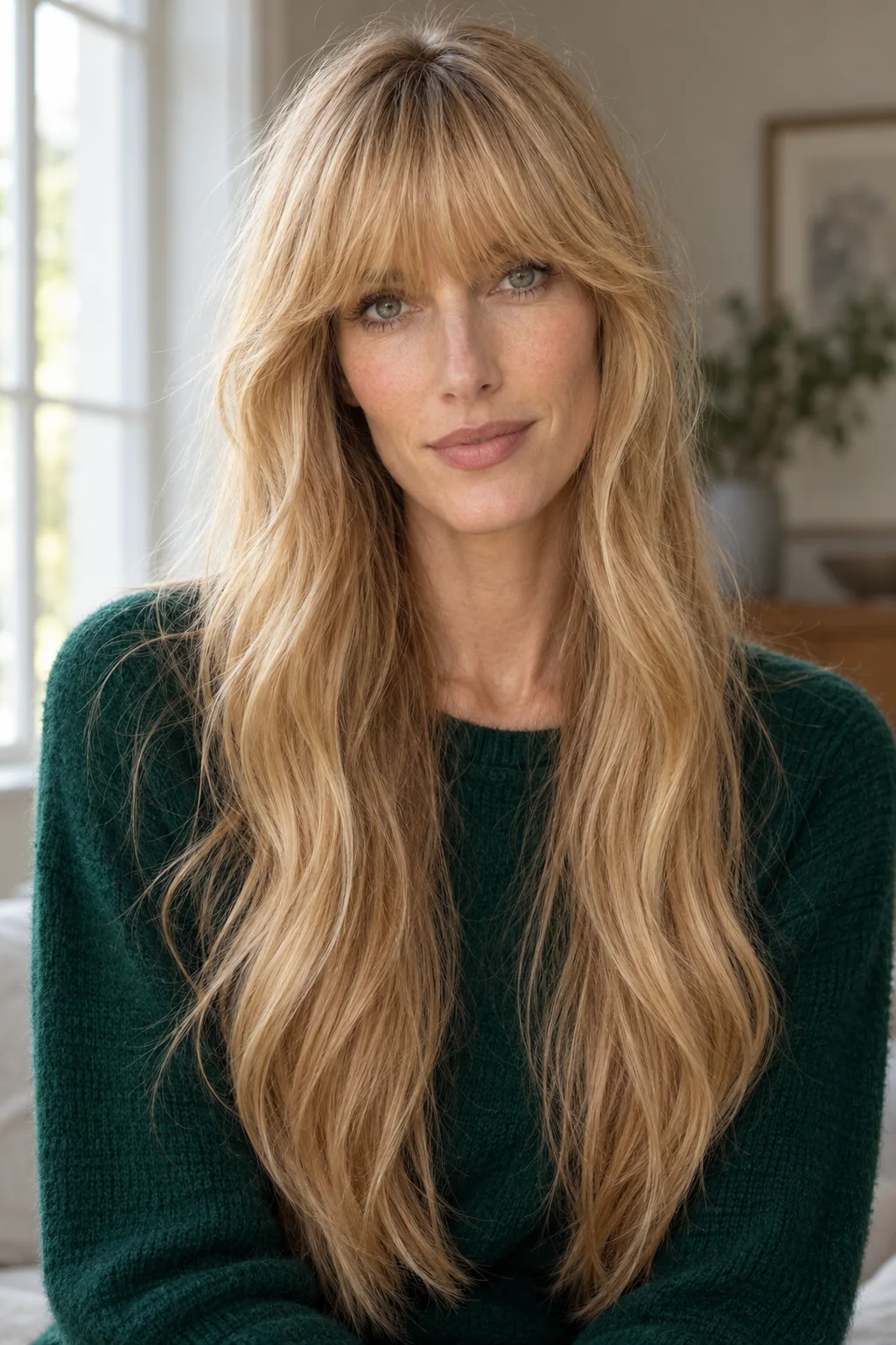 Golden blonde long hair with a long textured fringe curving away just above the eyelashes