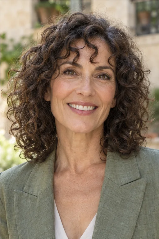 Dark brown shoulder-length curls with several loose ringlet clusters falling over the forehead