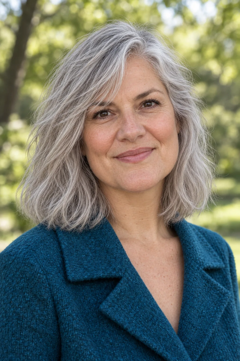 Silver long bob with textured fringe divided off center into unequal softly bent sections