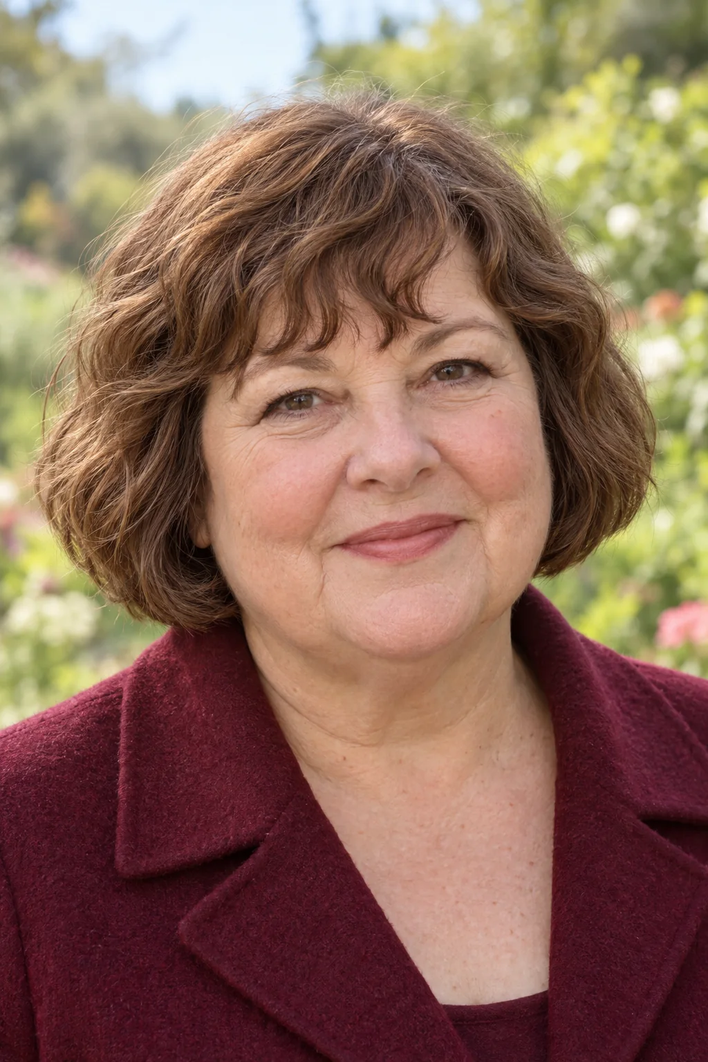 Chestnut chin-length bob with mostly forward wavy fringe and one small opening above the outer brow