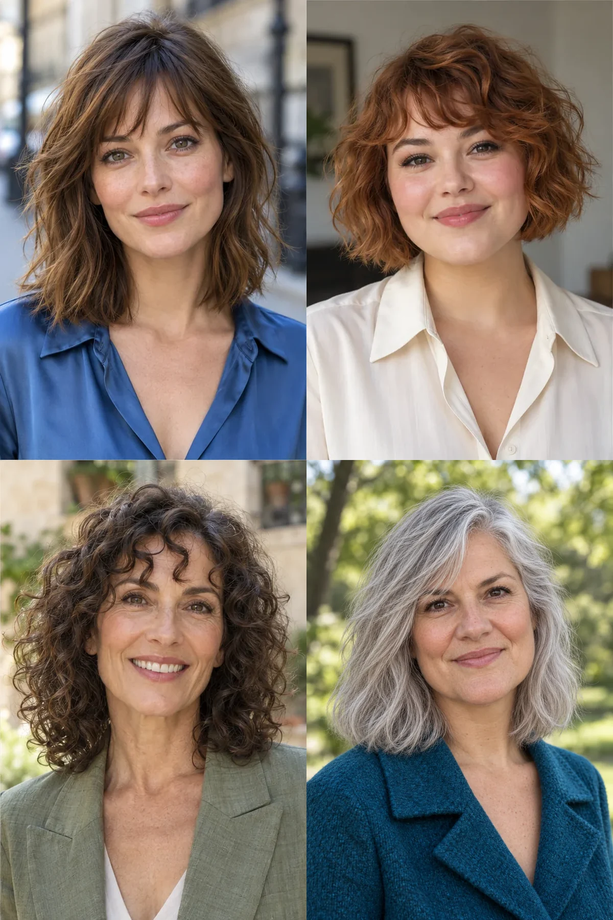Four textured fringes showing a broken brow edge, forehead wave, loose curls and off-center split