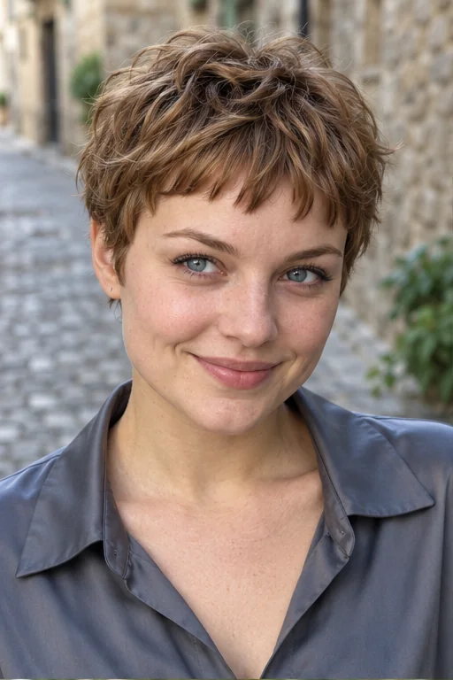 Honey brown pixie with an above-brow jagged fringe bent into several soft irregular points