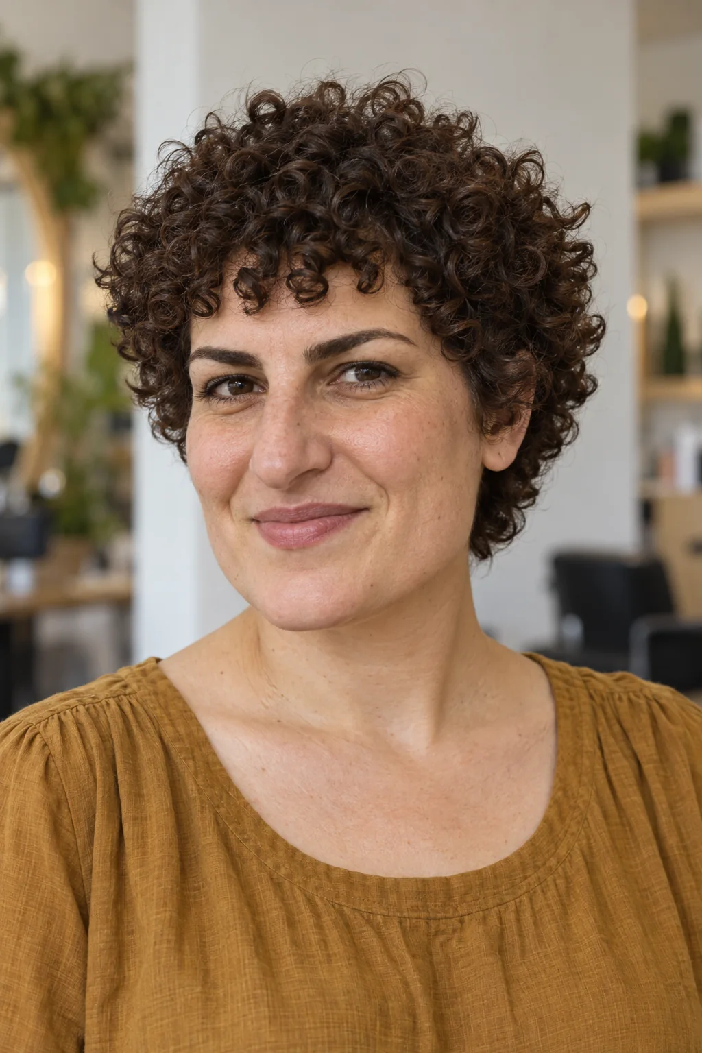Short dark chestnut tightly curly hair with a rounded forehead fringe of small springy curl groups