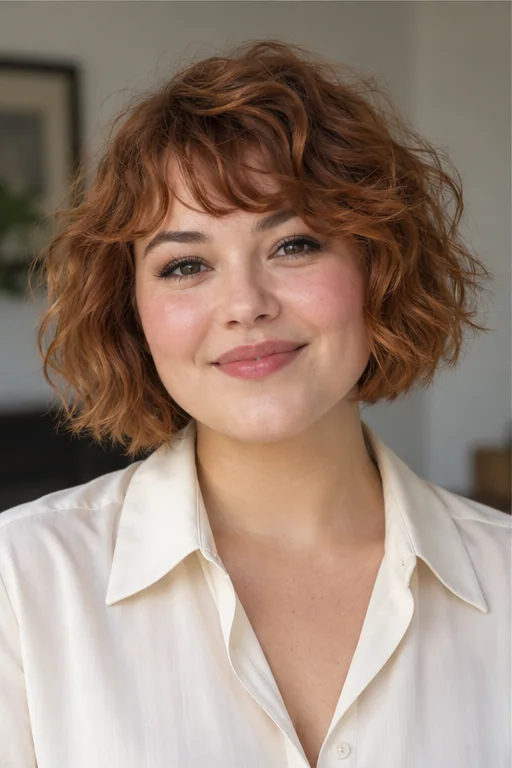 Copper wavy bob with a loose horizontal S-shaped fringe bend crossing the forehead