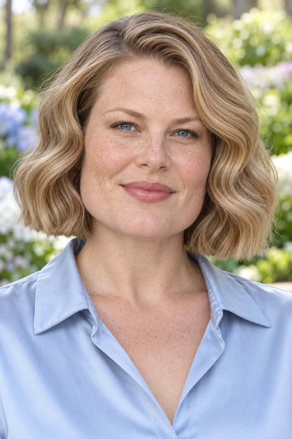 Dark blonde neck-length blunt bob styled in broad S waves with substantial connected ends