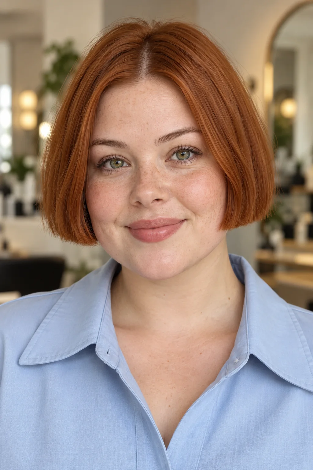 Copper blunt bob ending below the cheekbones and above the jaw with an open forehead