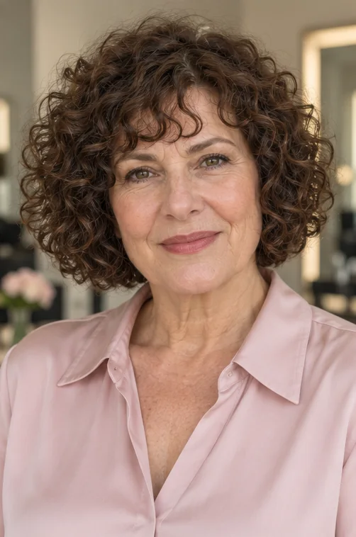 Dark brown curly bob with a loose curly brow fringe and a substantial compact jaw-to-neck outline