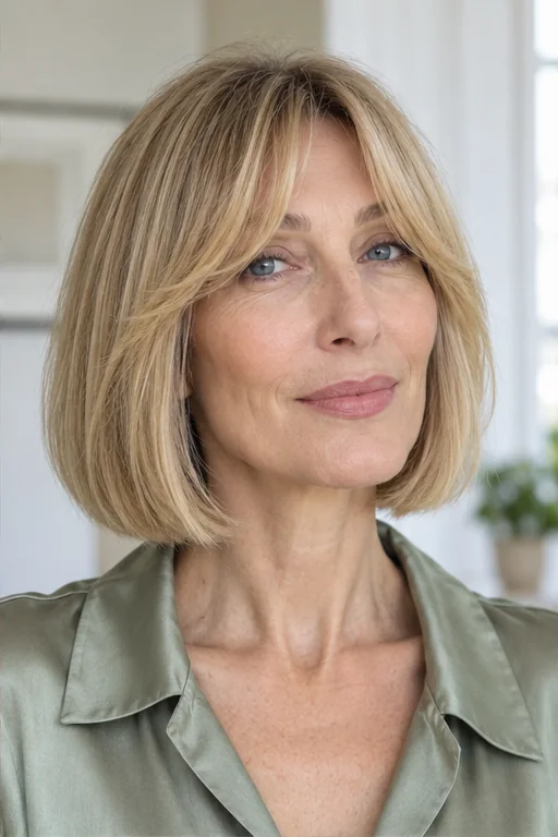 Honey blonde neck-length blunt bob with a center-opening curtain fringe curving beside the eyes