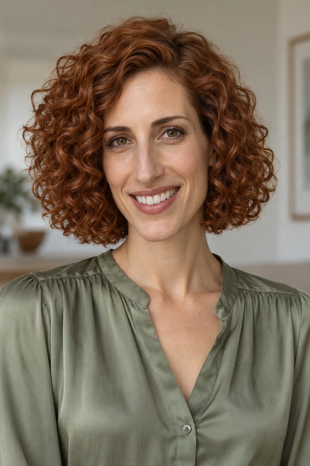 Copper curly bob with defined curl groups and a full blunt-looking outline near the neck