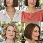 Four blunt bobs showing a straight jaw-length edge, a full fringe, broad waves and a subtle A-line perimeter